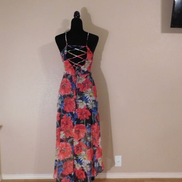 Red Blue and White HI Low Floral Dress - Picture 3 of 6